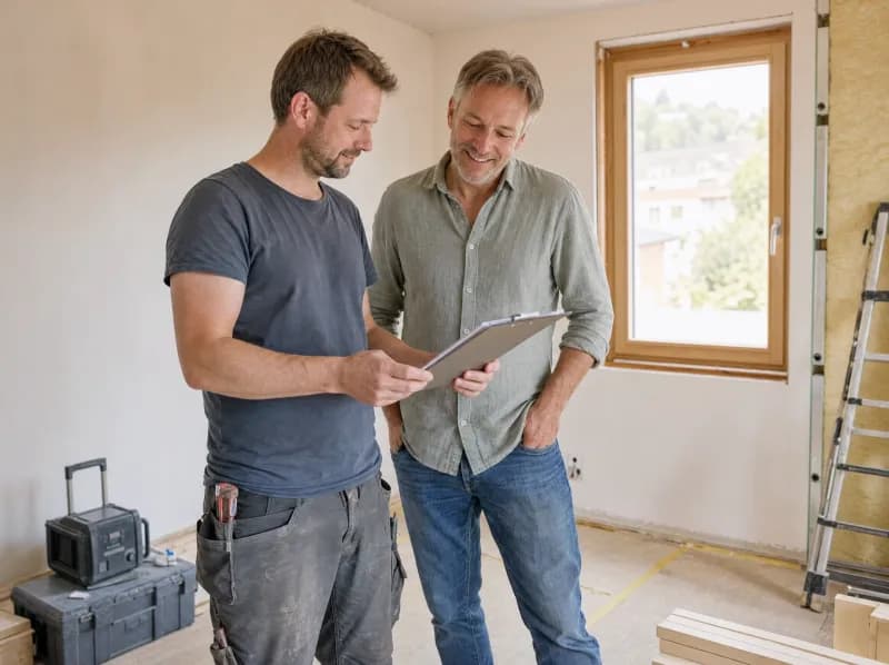 Handwerker und Hausbesitzer besprechen ein Angebot