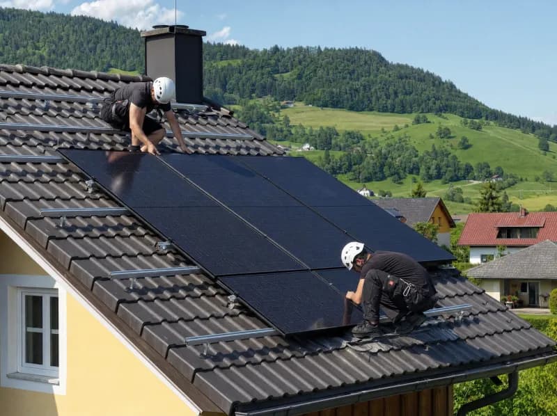 Monteure installieren Photovoltaik-Module auf einem Einfamilienhaus