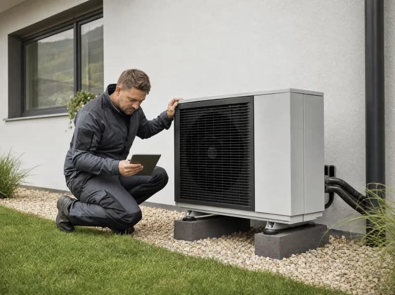 Techniker prüft die Außeneinheit einer Wärmepumpe